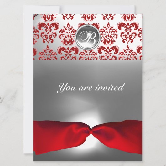 INVITATION RUBAN BLANC ROUGE DAMAS GEMME MONOGRAMME (Devant)