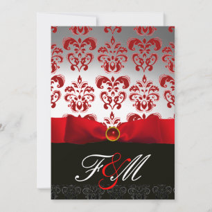 Invitation RUBAN BLANC ROUGE & MONOGRAMME DAMAS NOIR Rubis