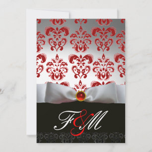 Invitation RUBAN BLANC ROUGE & MONOGRAMME DAMAS NOIR Rubis