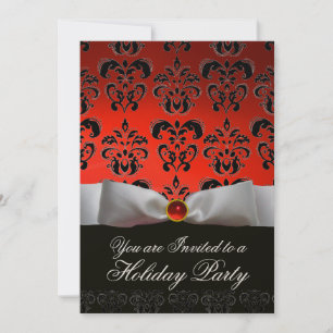Invitation RUBAN BLANC ROUGE NOIR DAMASK FÊTE DE NOËL Ruby