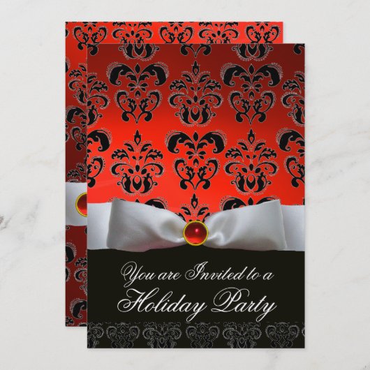 Invitation RUBAN BLANC ROUGE NOIR DAMASSÉ FÊTE DE NOËL Ruby (Devant / Derrière)