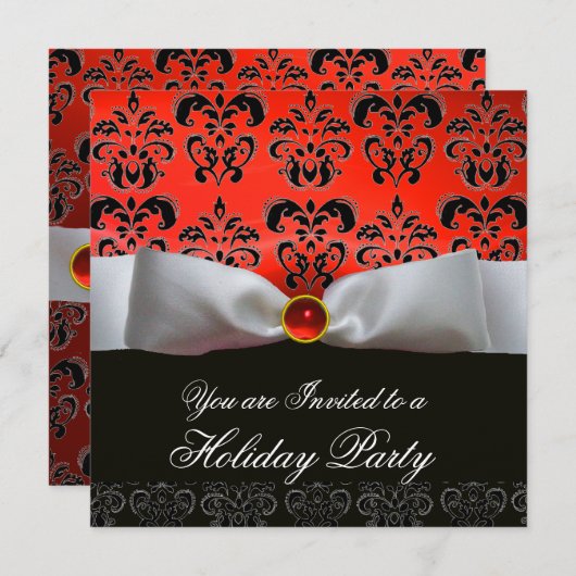INVITATION RUBAN BLANC ROUGE NOIR FÊTE DE NOËL DAMASK (Devant / Derrière)