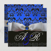 INVITATION RUBAN BLANC SAPPHIR BLEU NOIR DAMAS MONOGRAMME (Devant / Derrière)