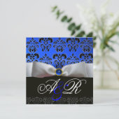 INVITATION RUBAN BLANC SAPPHIR BLEU NOIR DAMAS MONOGRAMME (Debout devant)