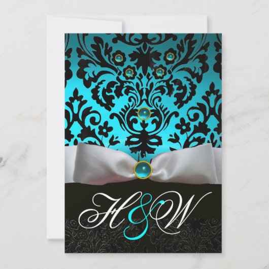 INVITATION RUBAN BLANC SARCELLE BLEU AQUA NOIR DAMAS MONOGRAM (Devant)