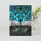 INVITATION RUBAN BLANC SARCELLE BLEU AQUA NOIR DAMAS MONOGRAM (Debout devant)