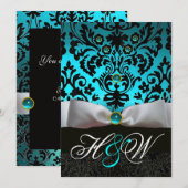 INVITATION RUBAN BLANC SARCELLE BLEU AQUA NOIR DAMAS MONOGRAM (Devant / Derrière)