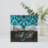 INVITATION RUBAN BLANC TEAL AQUA BLEU NOIR  DAMASSÉ MONOGRAMM (Debout devant)
