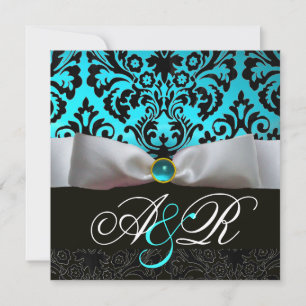 INVITATION RUBAN BLANC TEAL BLEU AQUA NOIR DAMAS MONOGRAMME