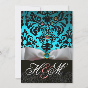 INVITATION RUBAN BLANC TEAL ROSE BLEU NOIR DAMAS MONOGRAMME