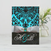 INVITATION RUBAN BLANC TEINT AQUA BLEU NOIR DAMAS MONOGRAMME (Debout devant)