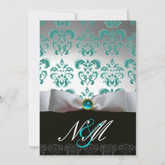 INVITATION RUBAN BLANC TURQUOISE BLEU MONOGRAMME EN DAMAS NOI (Devant)