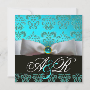 INVITATION RUBAN BLANC TURQUOISE BLEU NOIR  DAMAS MONOGRAMME