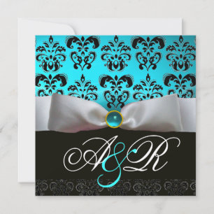 INVITATION RUBAN BLANC TURQUOISE BLEU NOIR DAMAS MONOGRAMME