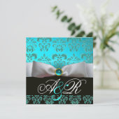 INVITATION RUBAN BLANC TURQUOISE NOIR  DAMAS MONOGRAMME (Debout devant)