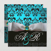 INVITATION RUBAN BLANC TURQUOISE NOIR  DAMAS MONOGRAMME (Devant / Derrière)