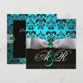 INVITATION RUBAN BLANC TURQUOISE NOIR  DAMASSÉ MONOGRAMME (Devant / Derrière)