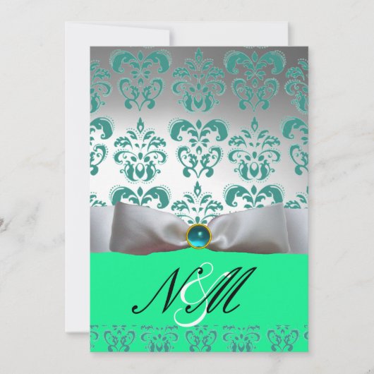 INVITATION RUBAN BLANC VERT BLEU MONOGRAMME EN DAMAS NOIR (Devant)