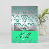 INVITATION RUBAN BLANC VERT BLEU MONOGRAMME EN DAMAS NOIR (Debout devant)