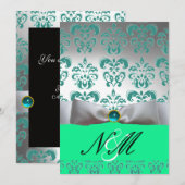 INVITATION RUBAN BLANC VERT BLEU MONOGRAMME EN DAMAS NOIR (Devant / Derrière)