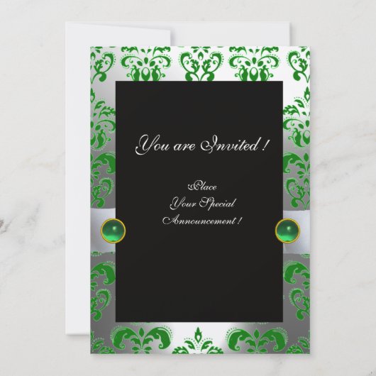 Invitation RUBAN BLANC VERT & DAMAS NOIR MONOGRAMME Or (Dos)