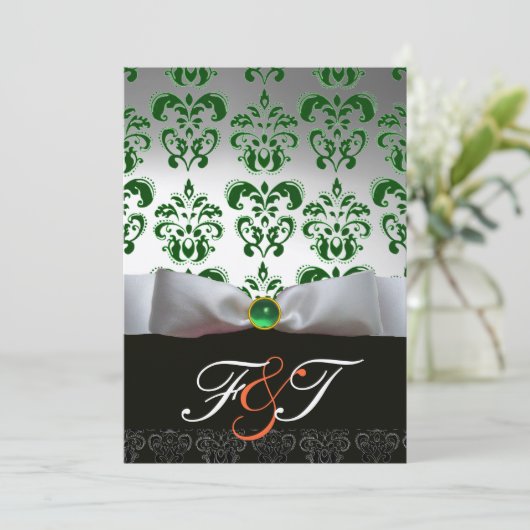 Invitation RUBAN BLANC VERT & MONOGRAMME DAMASSÉ NOIR Orange (Debout devant)