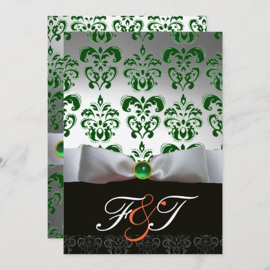 Invitation RUBAN BLANC VERT & MONOGRAMME DAMASSÉ NOIR Orange (Devant / Derrière)