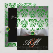Invitation RUBAN BLANC VERT & MONOGRAMME EN DAMAS NOIR Or (Devant / Derrière)