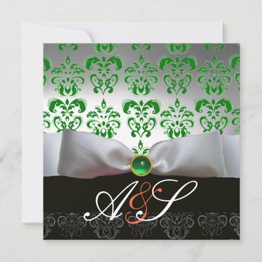 Invitation RUBAN BLANC VERT & MONOGRAMME EN DAMAS NOIR Or (Devant)