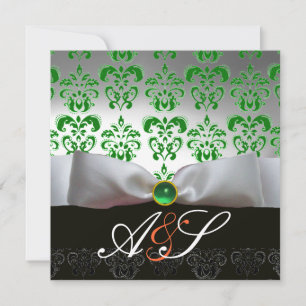 Invitation RUBAN BLANC VERT & MONOGRAMME EN DAMAS NOIR Or