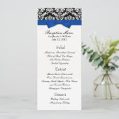 Invitation Ruban bleu avec menu de réception de mariage damas (Debout devant)