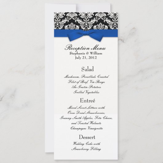 Invitation Ruban bleu avec menu de réception de mariage damas (Devant)