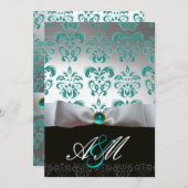 Invitation RUBAN BLEU BLANC & MONOGRAMME DAMAS NOIR Or (Devant / Derrière)