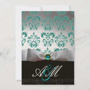 Invitation RUBAN BLEU BLANC & MONOGRAMME DAMAS NOIR Or