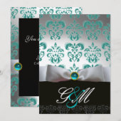 Invitation RUBAN BLEU BLANC  MONOGRAMME EN DAMAS NOIR Champag (Devant / Derrière)