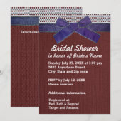 Invitation Ruban bleu, dentelle, Fête des mariées Burlap roug (Devant / Derrière)