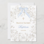 Invitation ruban bleu fleurs de bébé blanc Baptême (Devant)