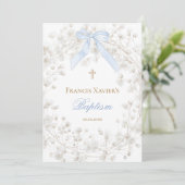 Invitation ruban bleu fleurs de bébé blanc Baptême (Debout devant)