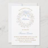 Invitation ruban bleu fleurs de bébé blanc Baptême (Dos)