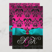 INVITATION RUBAN BLEU FUCHSIA ROSE NOIR  DAMAS MONOGRAMME (Devant / Derrière)