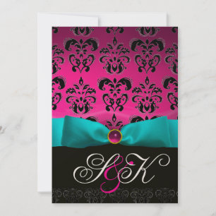 INVITATION RUBAN BLEU FUCHSIA ROSE NOIR DAMAS MONOGRAMME