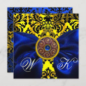 INVITATION RUBAN BLEU OR JAUNE  NOIR  DAMAS MONOGRAMME (Devant / Derrière)