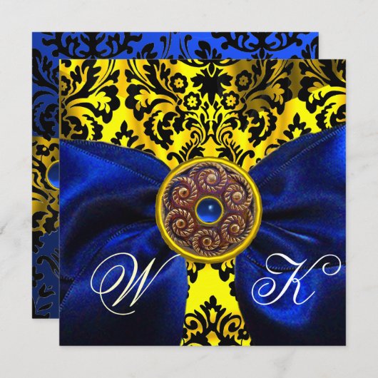INVITATION RUBAN BLEU OR JAUNE  NOIR  DAMAS MONOGRAMME (Devant / Derrière)