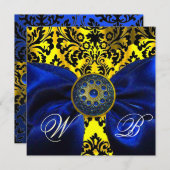 INVITATION RUBAN BLEU OR JAUNE NOIR DAMAS MONOGRAMME (Devant / Derrière)