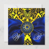 INVITATION RUBAN BLEU OR JAUNE  NOIR  DAMAS MONOGRAMME (Devant)