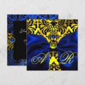 INVITATION RUBAN BLEU OR JAUNE NOIR DAMAS MONOGRAMME (Devant / Derrière)