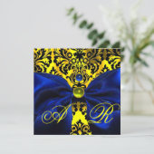 INVITATION RUBAN BLEU OR JAUNE NOIR DAMAS MONOGRAMME (Debout devant)