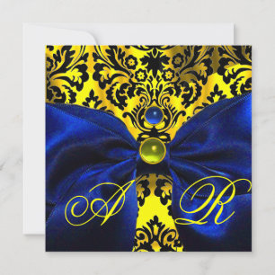 INVITATION RUBAN BLEU OR JAUNE NOIR DAMAS MONOGRAMME