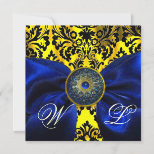 INVITATION RUBAN BLEU OR JAUNE NOIR DAMAS MONOGRAMME