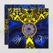 INVITATION RUBAN BLEU OR JAUNE  NOIR  DAMAS MONOGRAMME (Devant / Derrière)